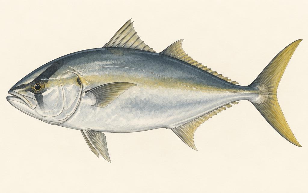 Almaco jack (Seriola rivoliana) — watercolor by Jules Marsh
