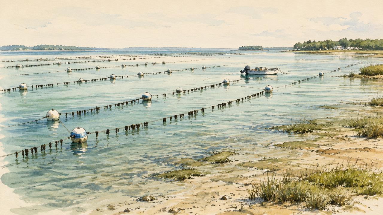 Watercolor of a calm estuary farm: anchored longlines with floats, a small skiff, and shallow tidal flats.