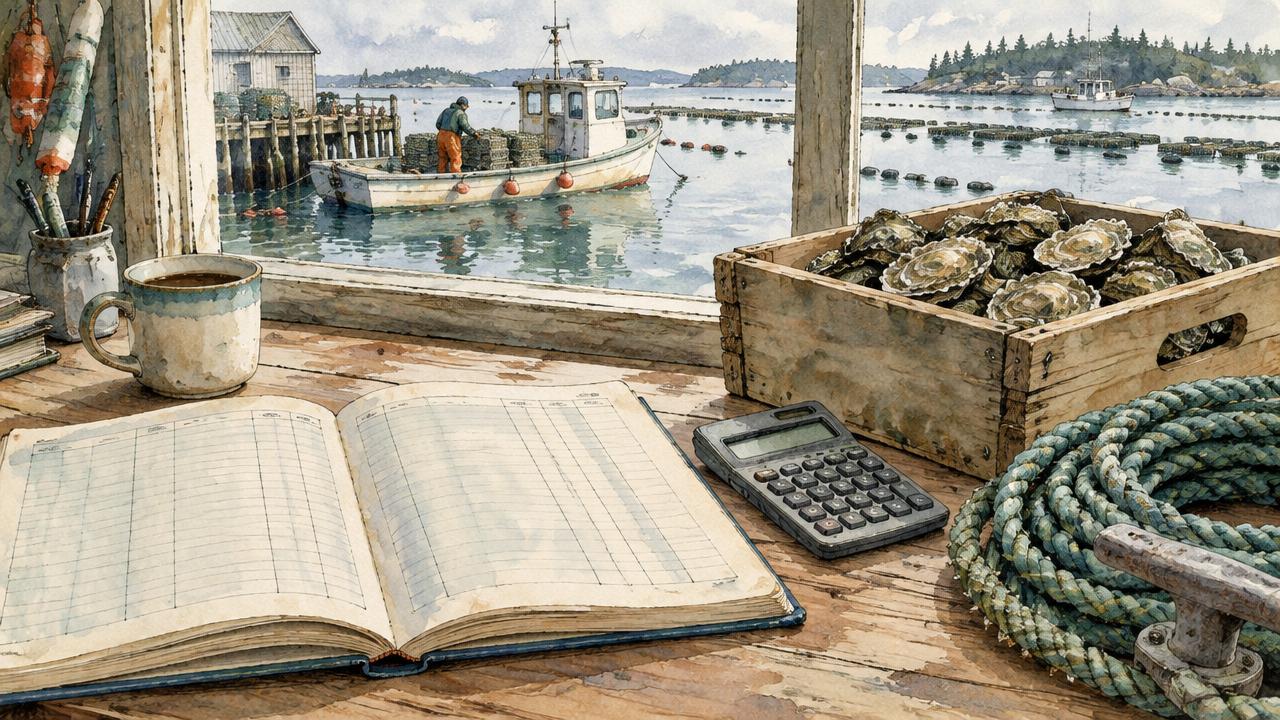 Watercolor of a dockside desk with an open ledger, a calculator, a crate of oysters, and a coiled line, with a working harbor through the window.
