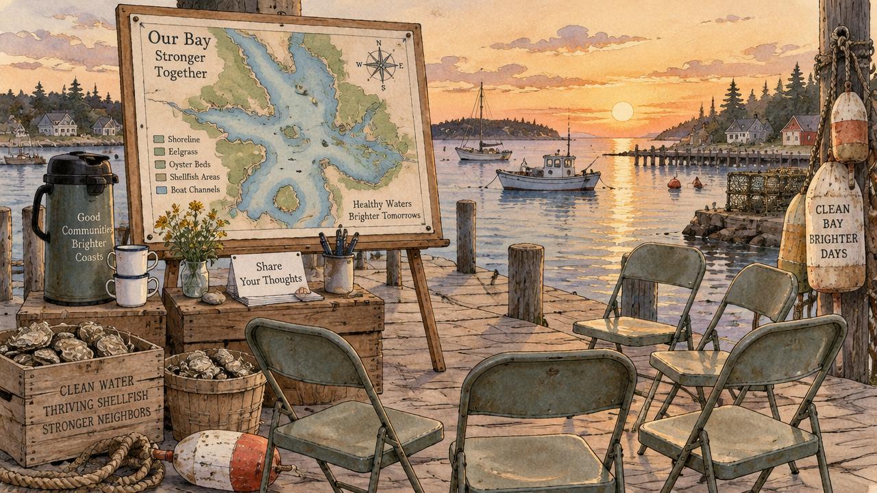 Watercolor of neighbors gathered on a public dock at dusk as a farmer shows a tray of shellfish, with a line of floats out in the bay.