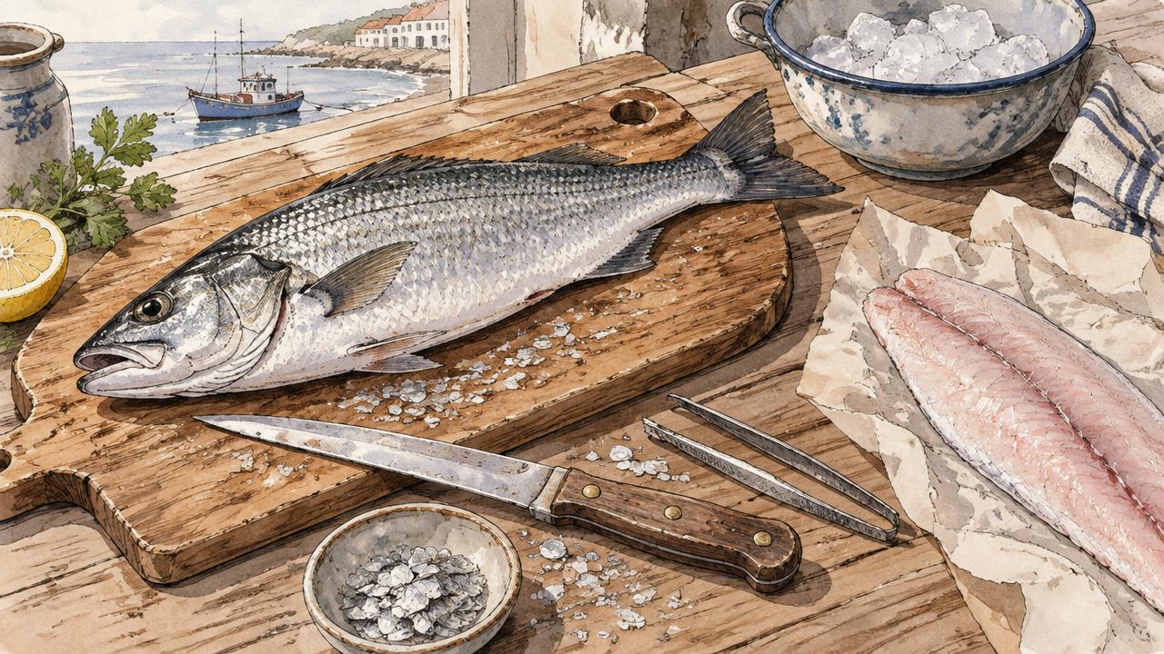Watercolor of a kitchen counter with a whole fish on a board, a filleting knife, and two clean fillets on a chilled plate.