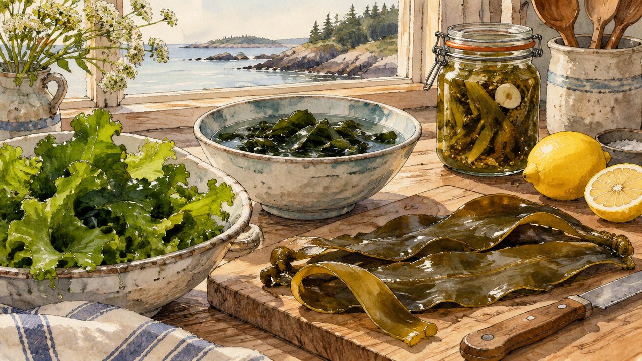 Watercolor of a kitchen counter with kelp blades rehydrating in a bowl, a jar of dried flakes, and toasted seaweed strips in a dish.