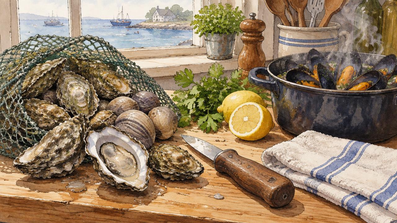 Watercolor of a kitchen counter with scrubbed oysters and clams in a bowl, a shucking knife and folded towel, and a steaming pot.