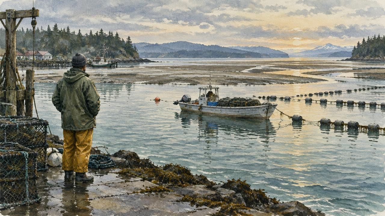 Watercolor of a person in oilskins on a working dock at dawn, looking out at a small farm skiff, a line of floats, and tide flats beyond.