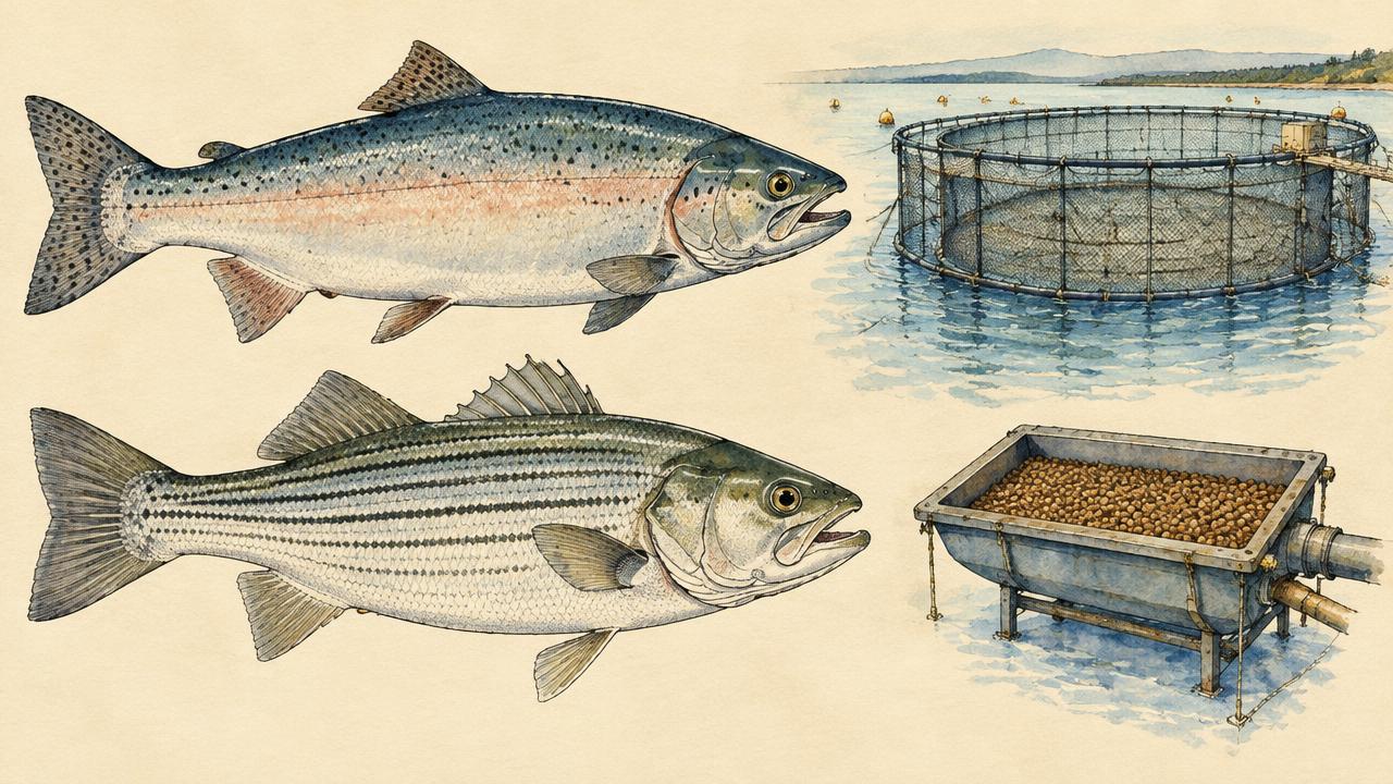 Watercolor of a salmon and a striped bass beside a net pen and a feeding tray.