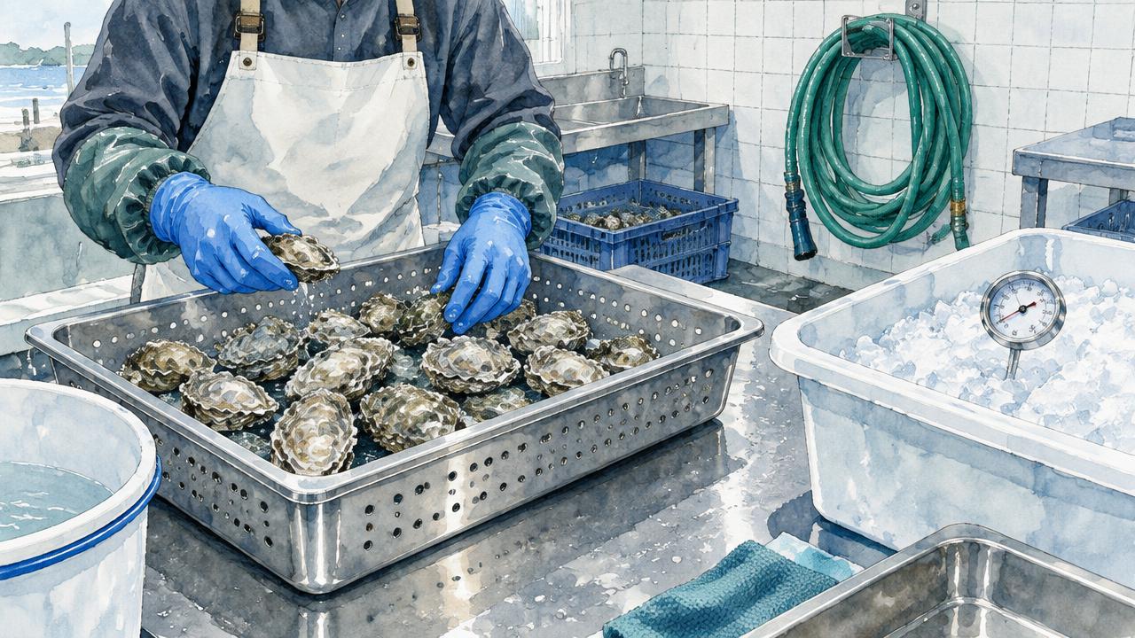 Watercolor of a small processing room: gloved hands over a tray of rinsed oysters, a thermometer in a tub of ice, and a hose coiled on a tiled wall.