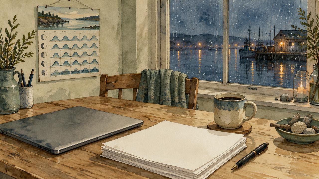Watercolor of a quiet kitchen table at night with a stack of blank application pages, a closed laptop, a coffee, and rain on the window.