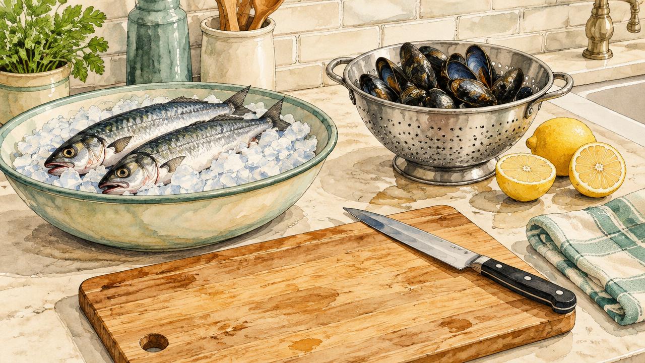 Watercolor of a kitchen counter set for seafood handling: fish on ice, a scrubbed board, a knife, lemons, and a colander of mussels.