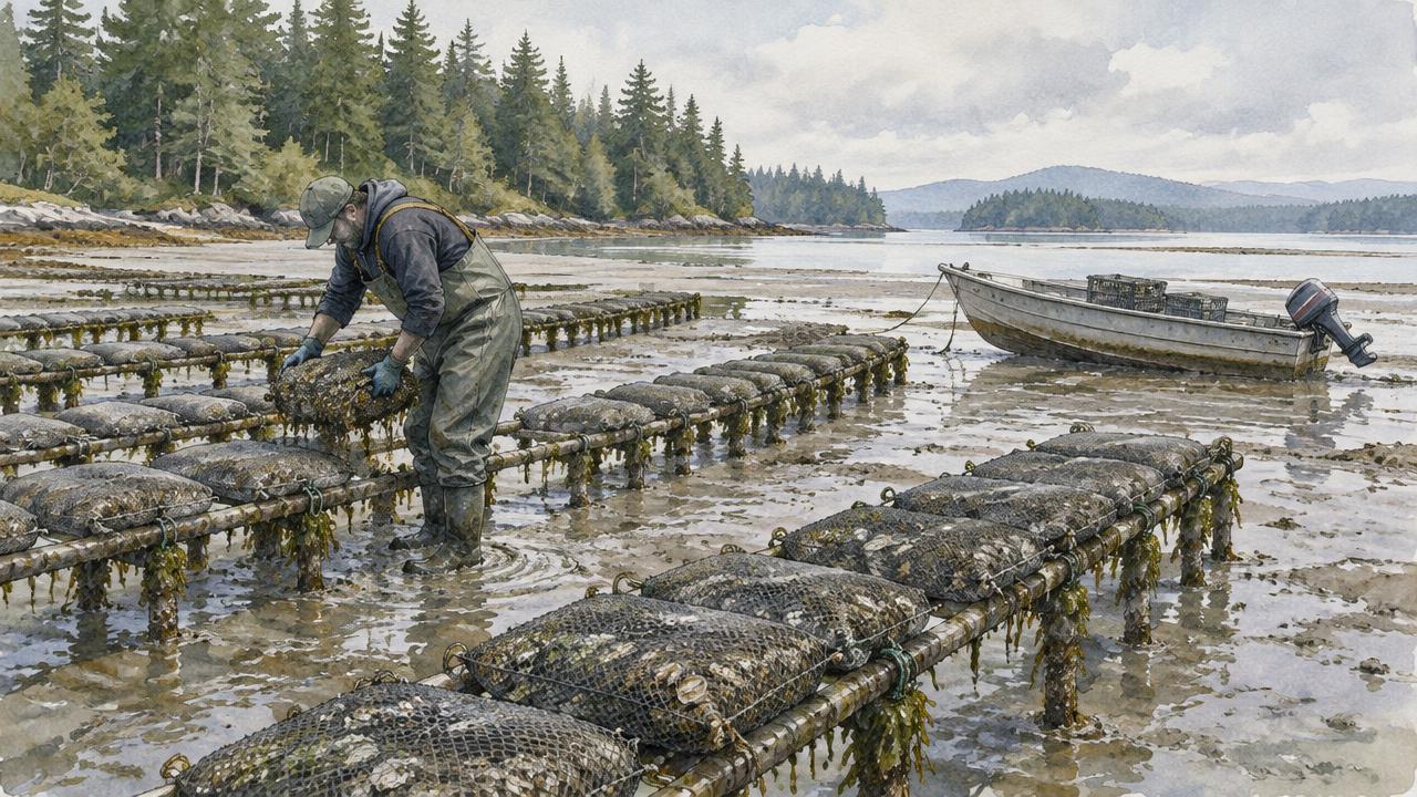 Watercolor of a tide flat at low water with rows of oyster bags on low racks, a worker in waders lifting a bag, and a skiff aground nearby.