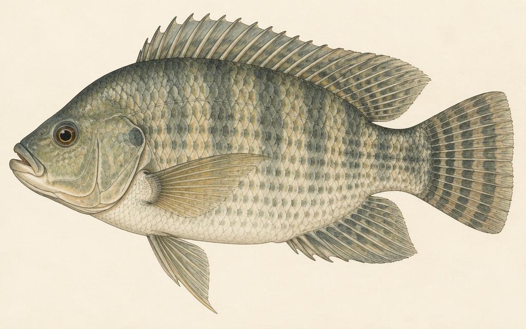Nile tilapia (Oreochromis niloticus) — watercolor by Jules Marsh