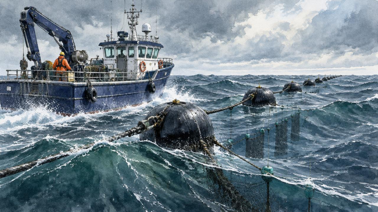 Watercolor of an offshore work vessel alongside a line of heavy mooring buoys in gray open-ocean swell, spray coming over the rail.