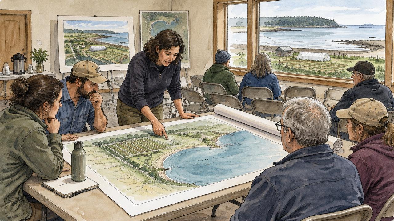 Watercolor of a community meeting room with a coastal site map spread on the table and neighbors gathered around it.