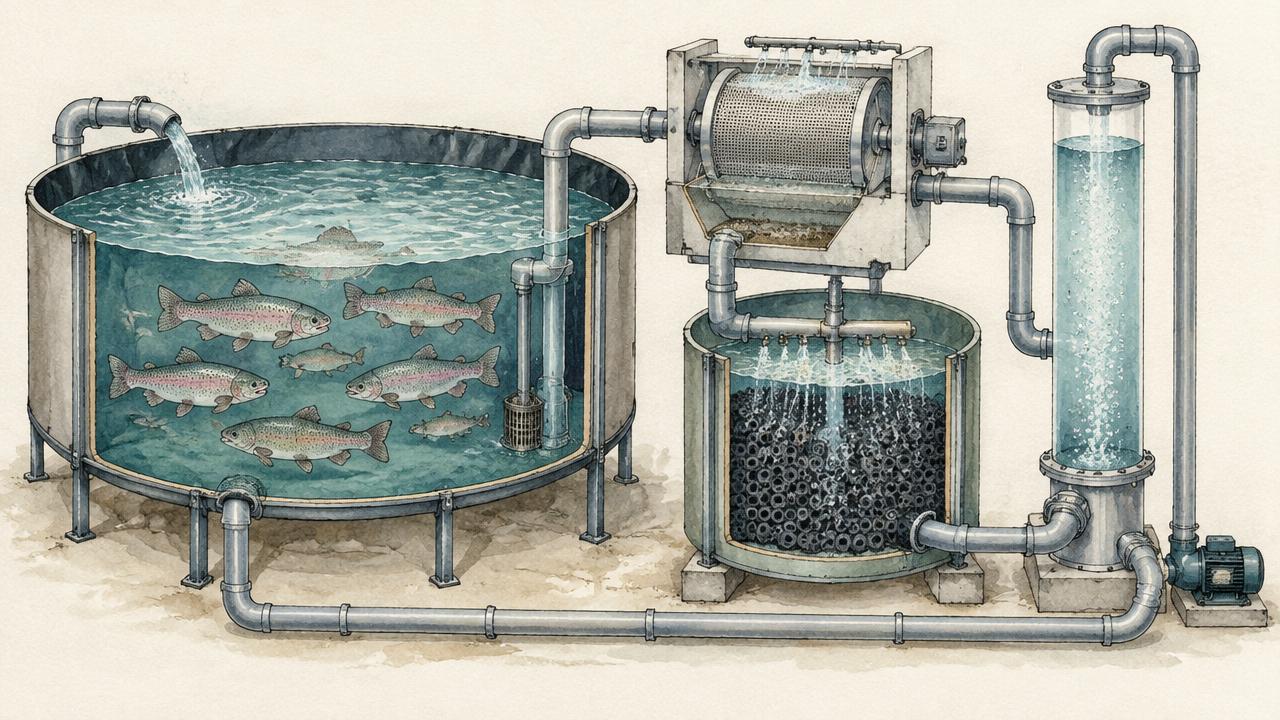 Watercolor cutaway of a recirculating fish system: a round tank of trout, a drum filter, a media biofilter, and an aeration column joined by pipework.