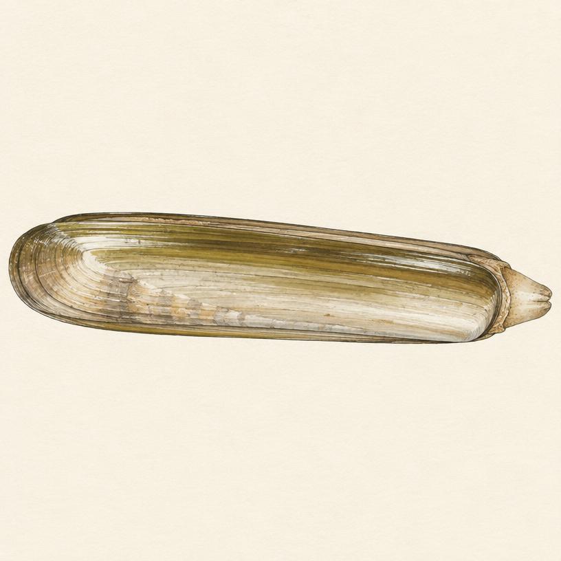 Pacific razor clam (Siliqua patula) — watercolor by Jules Marsh