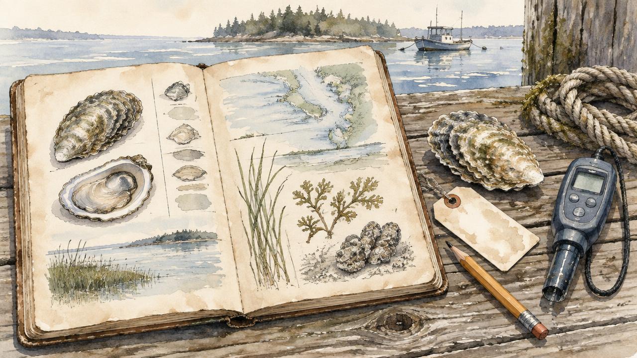 Watercolor of an open field logbook on a dock, beside a harvest tag, a pencil, a handheld water meter, and a pair of oysters.