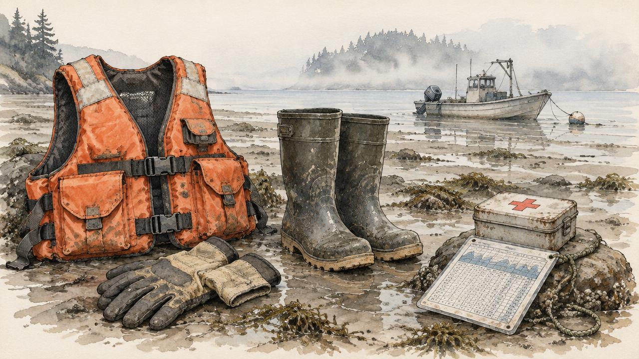 Watercolor of working safety gear on a tideflat: a flotation work vest, muddy boots, gloves, a tide table, and a first aid tin, with a skiff moored in fog.