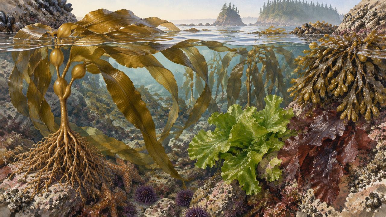 Watercolor of kelp blades with stipes and holdfasts hanging from a seeded longline.