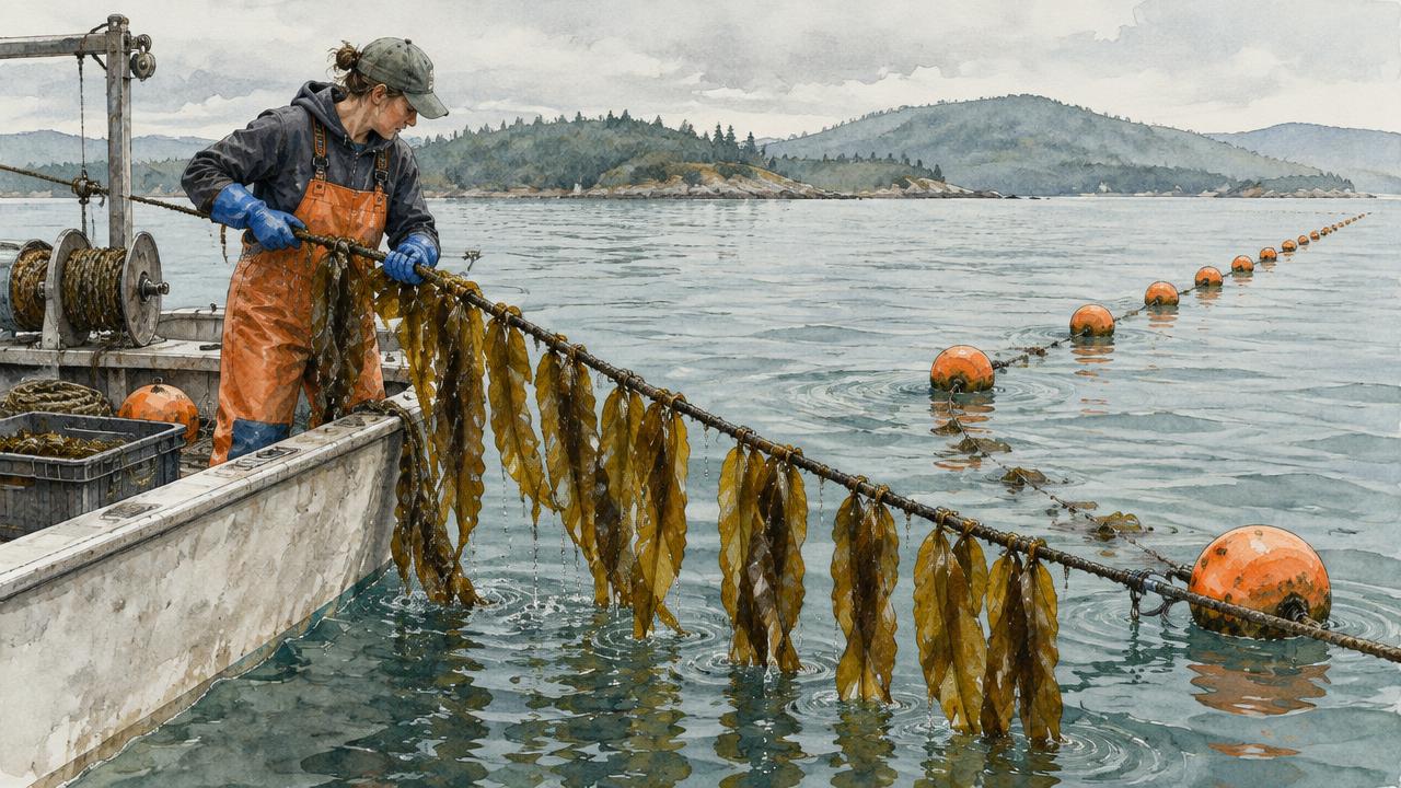 Watercolor of a farmer hauling a kelp longline over the rail of a skiff, dripping blades along the rope and orange floats stretching across the bay.