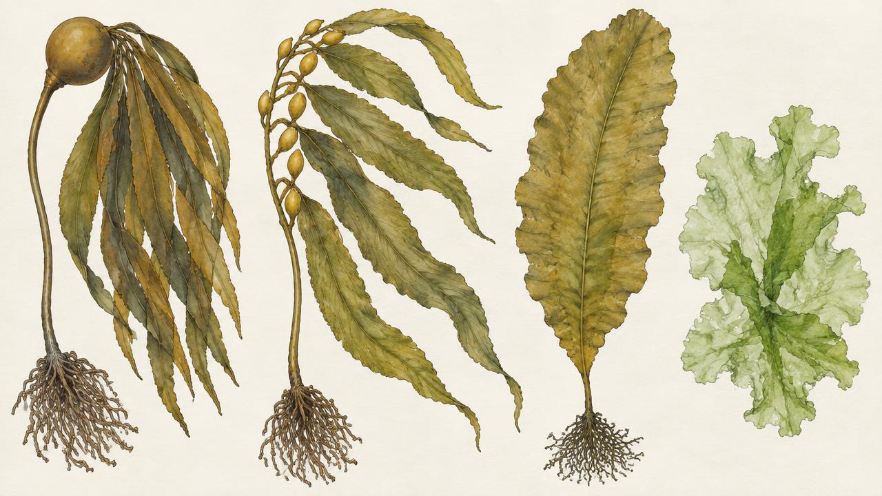 Watercolor specimen plate of West Coast seaweeds: bull kelp with its round float, a giant kelp frond, a sugar kelp blade, and a sheet of sea lettuce.