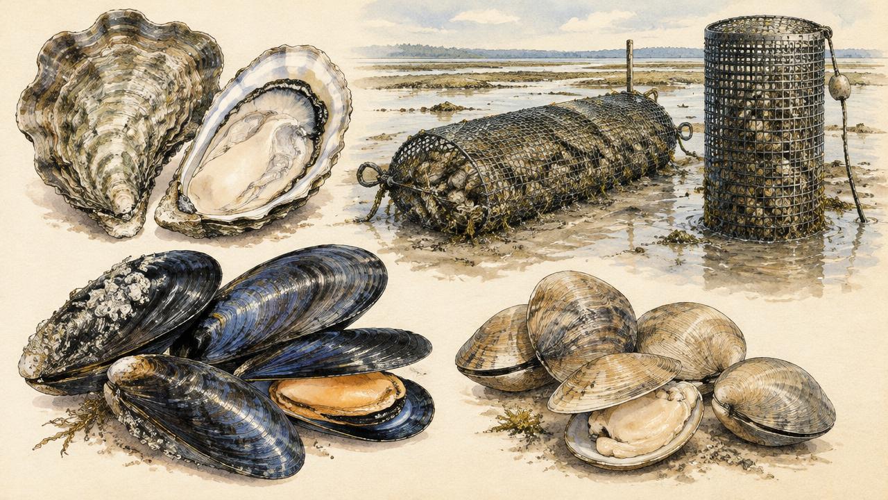 Watercolor of oysters, mussels, and clams beside a grow-out bag and a tumbler on a tidal flat.