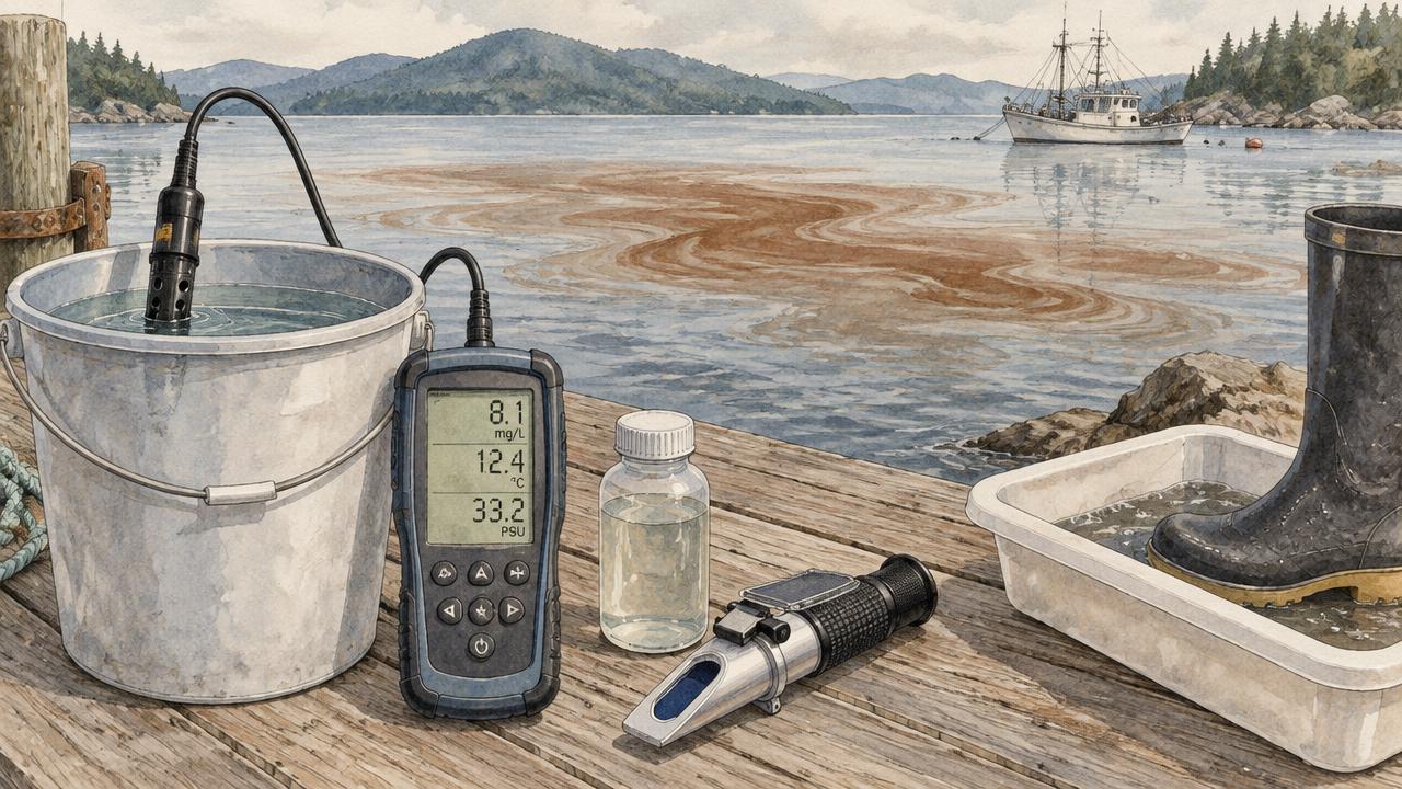 Watercolor of water testing on a dock: a handheld meter with its probe in a bucket, a refractometer, a sample bottle, a boot in a disinfection tray, and a brown algal bloom in the bay beyond.