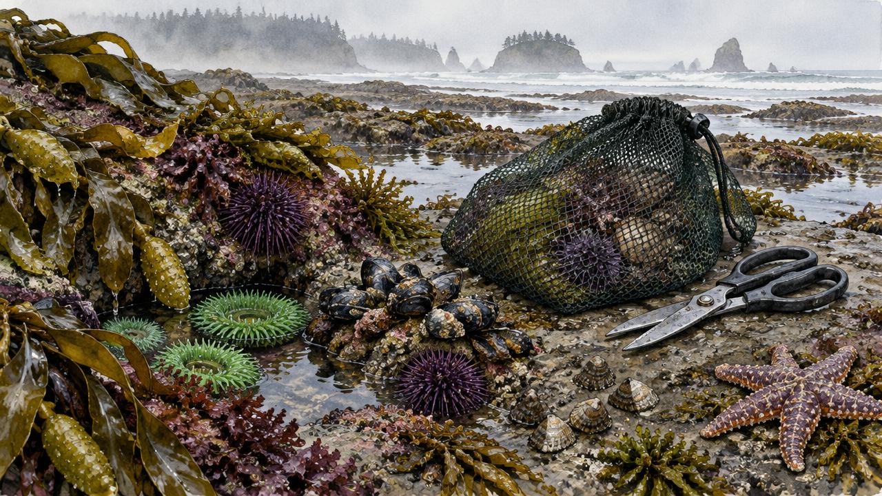Watercolor of a rocky intertidal shelf at low tide with seaweeds, urchins, mussels, a mesh gathering bag, and a pair of shears on the rock.